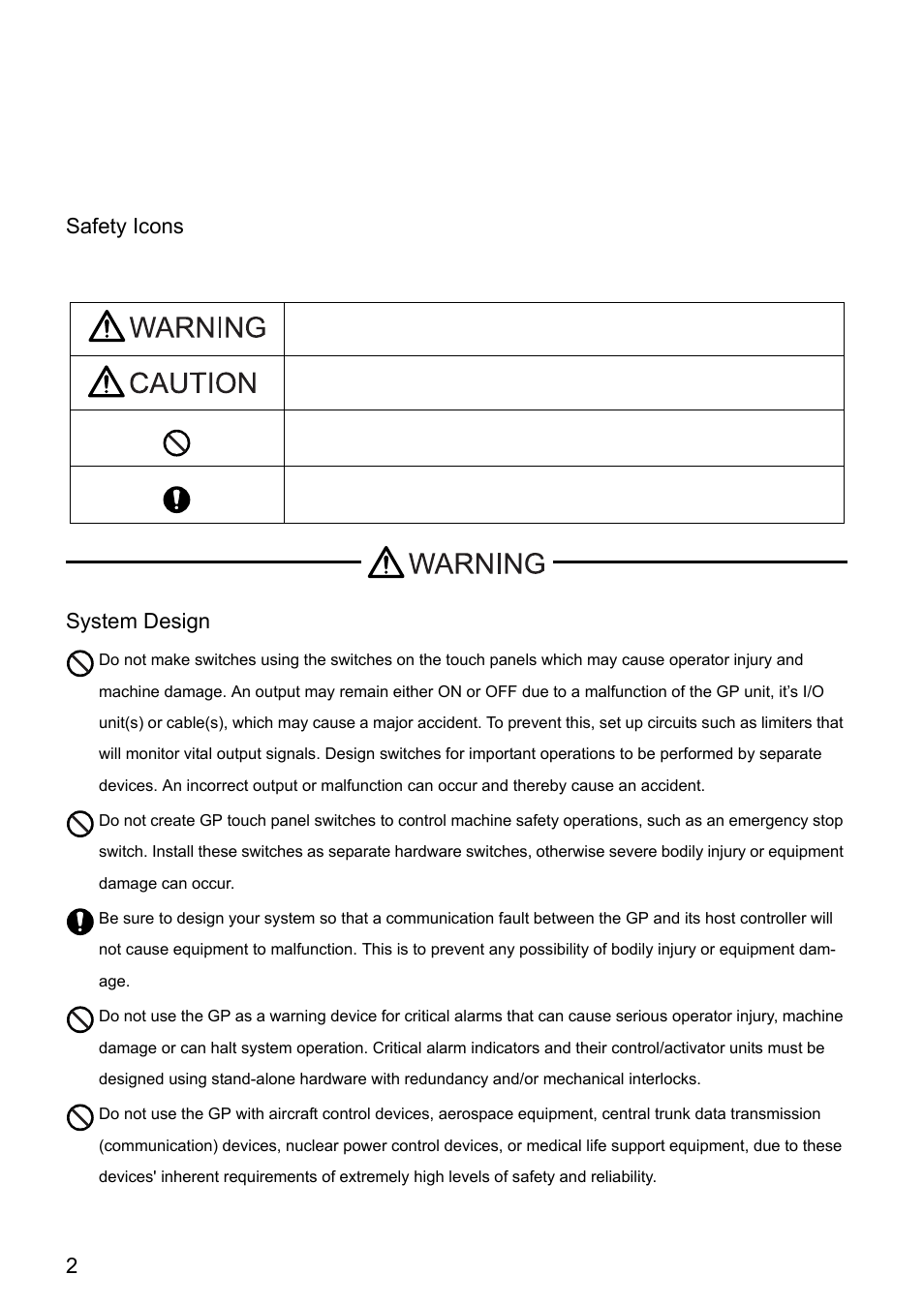 Essential safety precautions, Safety icons, System design | Proface AGP3500 - 10.4 DIO HMI" User Manual | Page 3 / 57