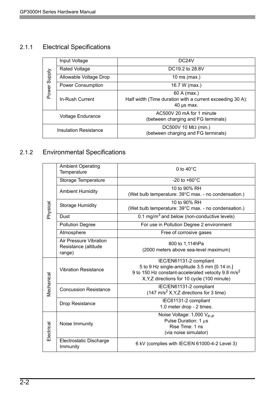 1 general specifications, 1 electrical specifications, 2 environmental specifications | 1 general specifications -2, General specifications, 2 2.1 general specifications, Electrical specifications, Environmental specifications | Proface AGP3500 - 10.4 DIO HMI" User Manual | Page 31 / 57