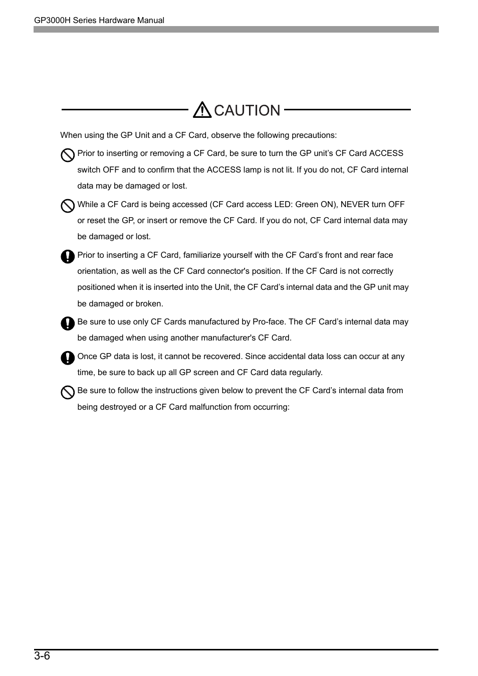 3 cf card insertion/removal, 3 cf card insertion/removal -6, 6 3.3 cf card insertion/removal | Proface AGP3500 - 10.4 DIO HMI" User Manual | Page 51 / 57