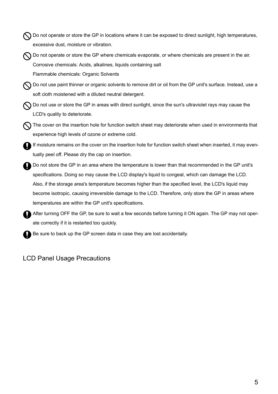 5lcd panel usage precautions | Proface AGP3500 - 10.4 DIO HMI" User Manual | Page 6 / 57