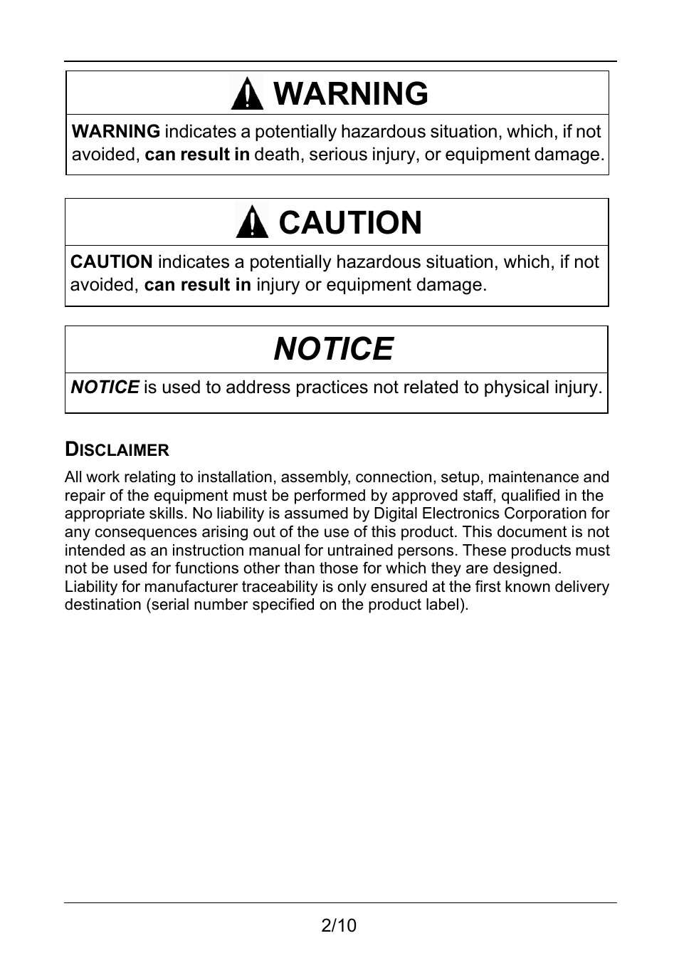 Disclaimer, Warning, Caution | Notice | Proface AGP3500 - 10.4 DIO HMI" User Manual | Page 2 / 10