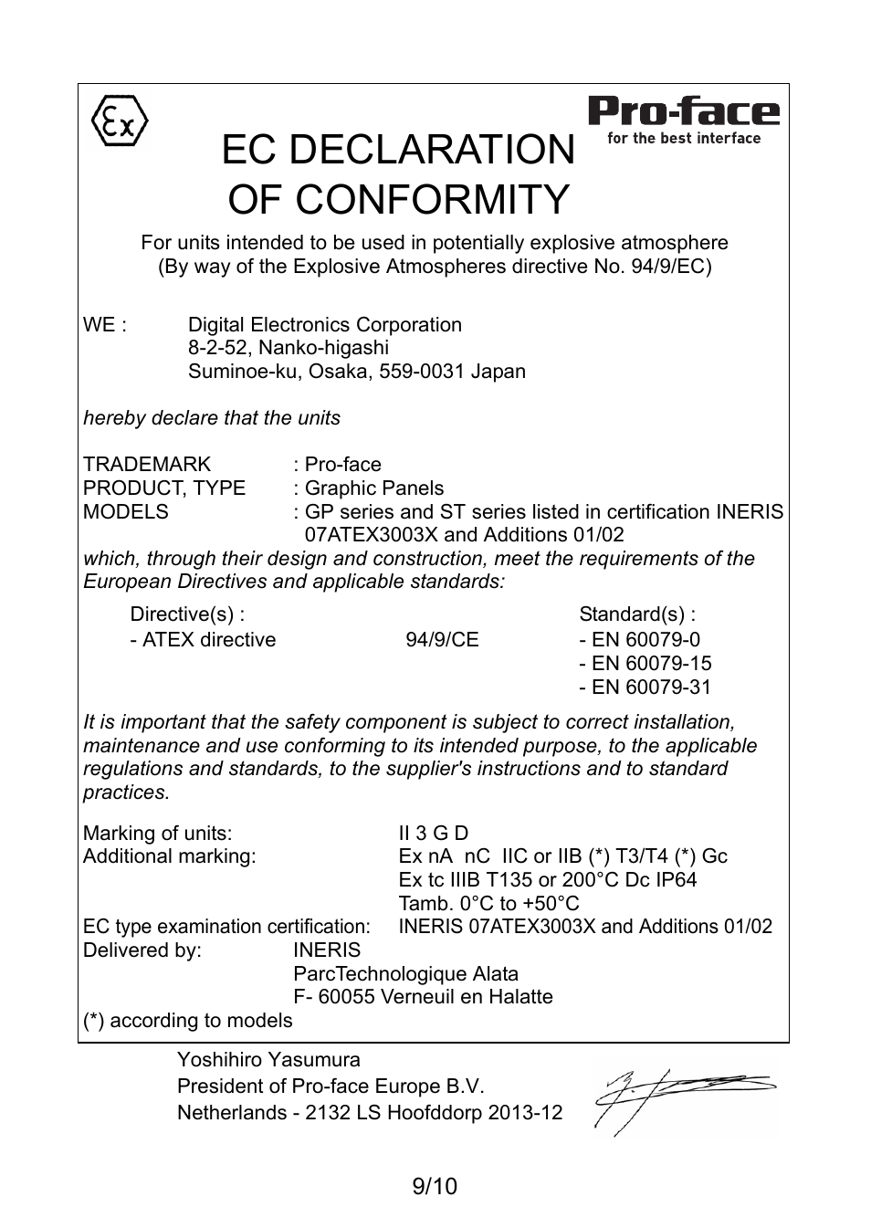 Ec declaration of conformity | Proface AGP3500 - 10.4 DIO HMI" User Manual | Page 9 / 10