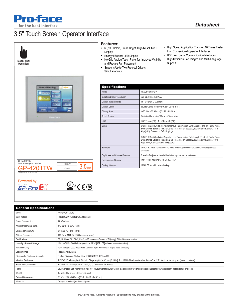 Proface GP4200 - 3.5 W Model HMI" User Manual | 2 pages