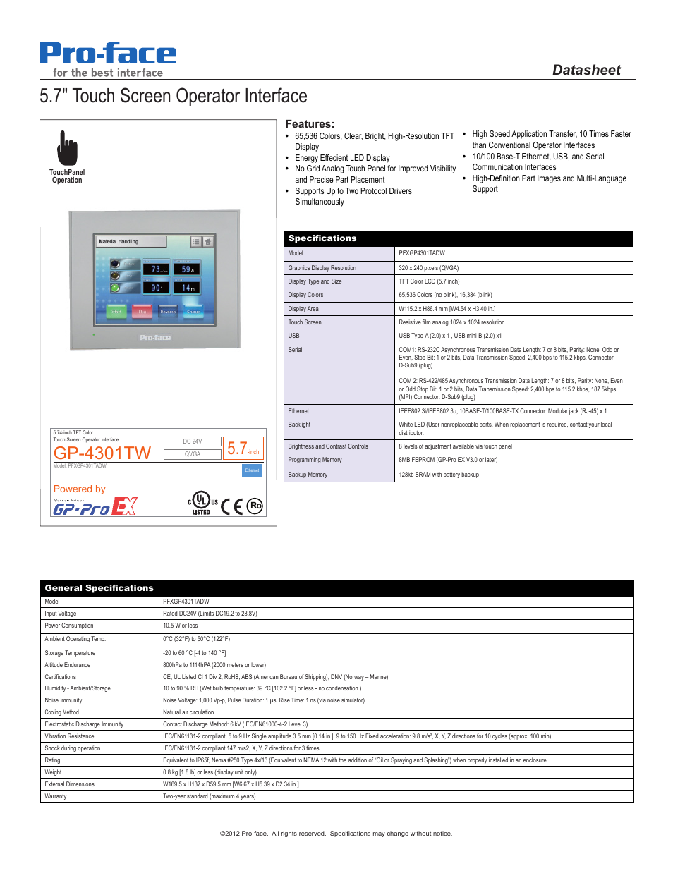 Proface GP4300 - 5.7 W Model HMI" User Manual | 2 pages