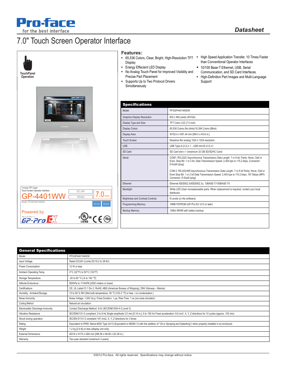 Proface GP4400 - 7.0 W Model HMI" User Manual | 2 pages