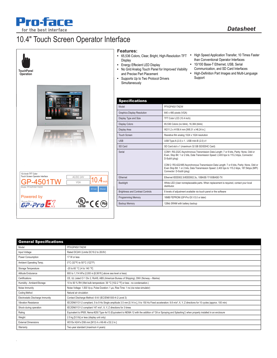 Proface GP4500 - 10.4 W Model HMI" User Manual | 2 pages