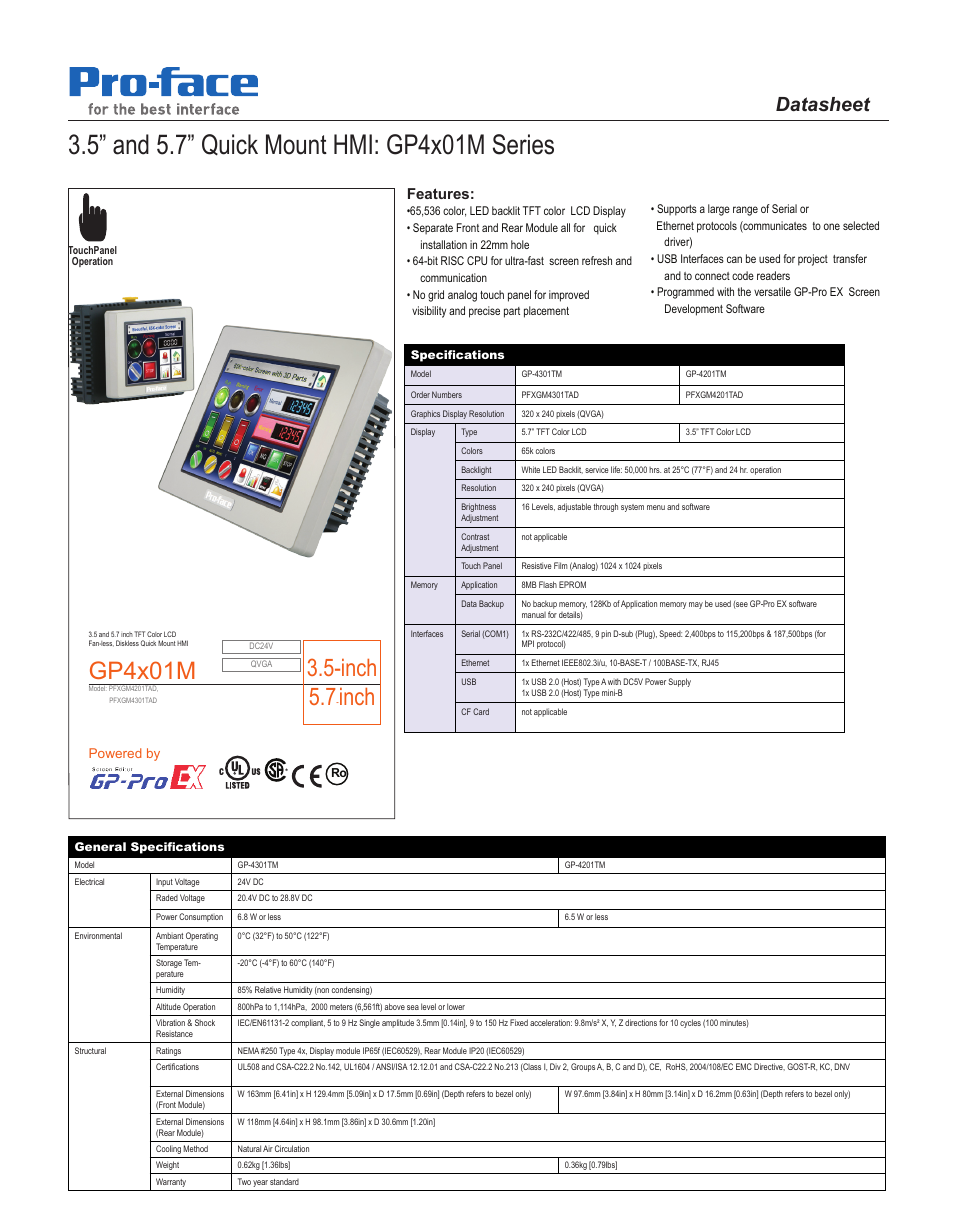 Proface GP4300M - 5.7 Modular HMI" User Manual | 2 pages