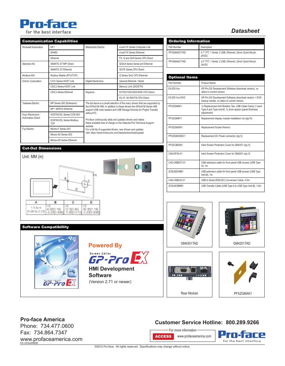 Datasheet, Powered by, Hmi development software | Unit: mm (in) | Proface GP4300M - 5.7 Modular HMI" User Manual | Page 2 / 2