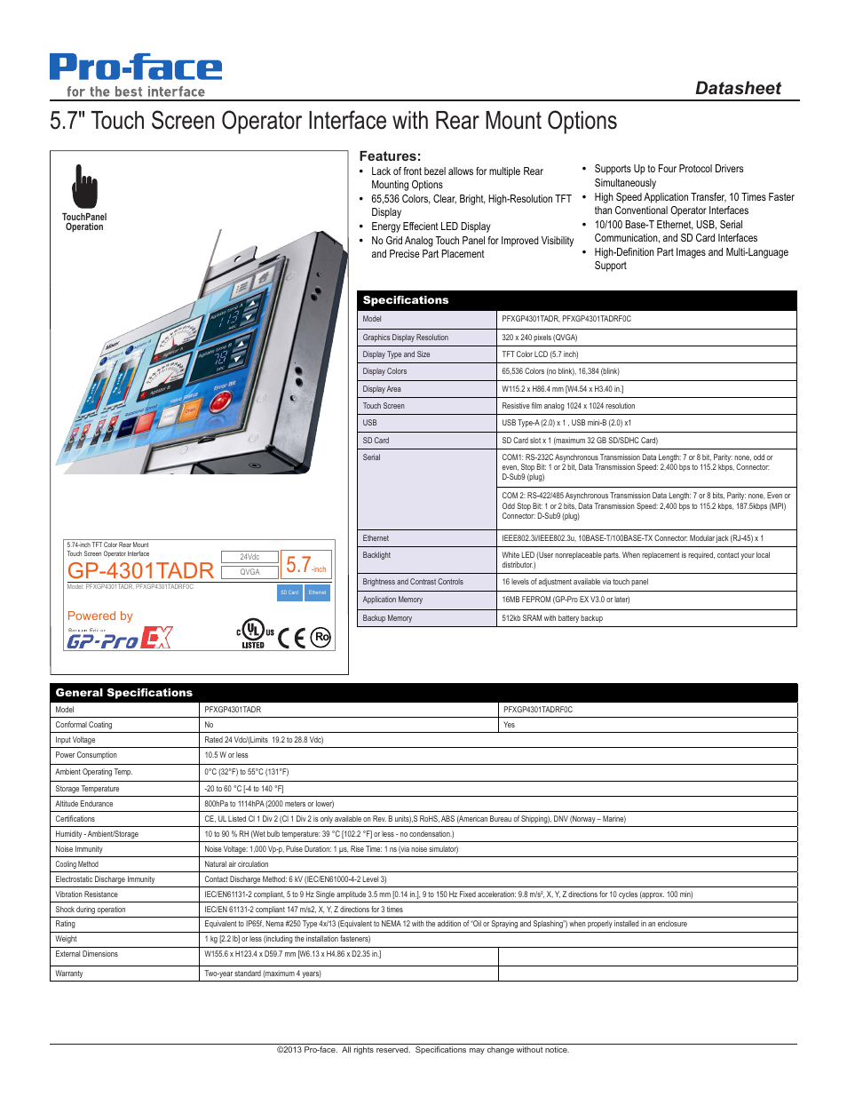 Proface GP4300R - 5.7 Standard HMI with Rear Mount" User Manual | 2 pages