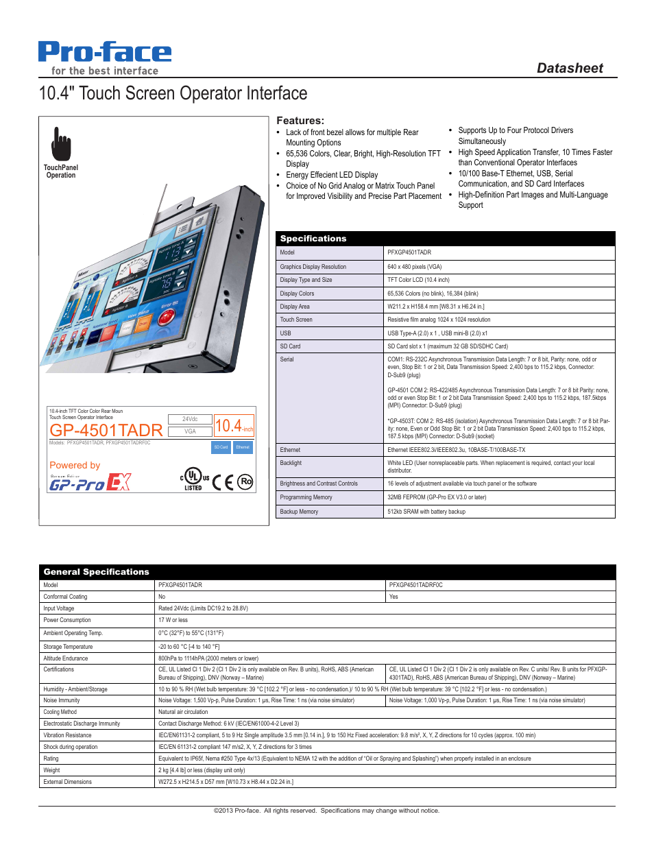 Proface GP4500R - 10.4 Standard HMIs with Rear Mounting Options" User Manual | 2 pages