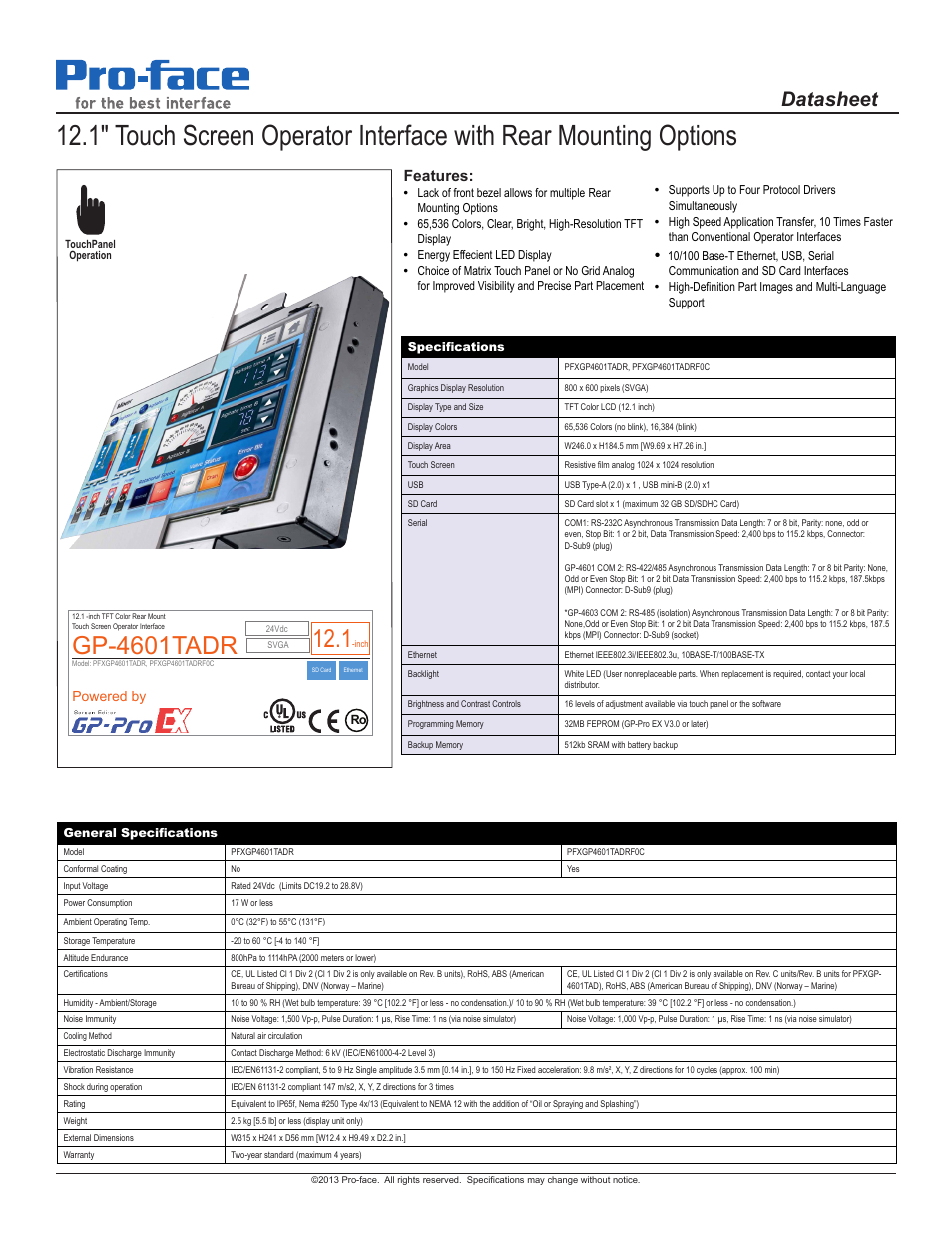 Proface GP4600R - 12.1 Standard HMIs with Rear Mounting Options" User Manual | 2 pages