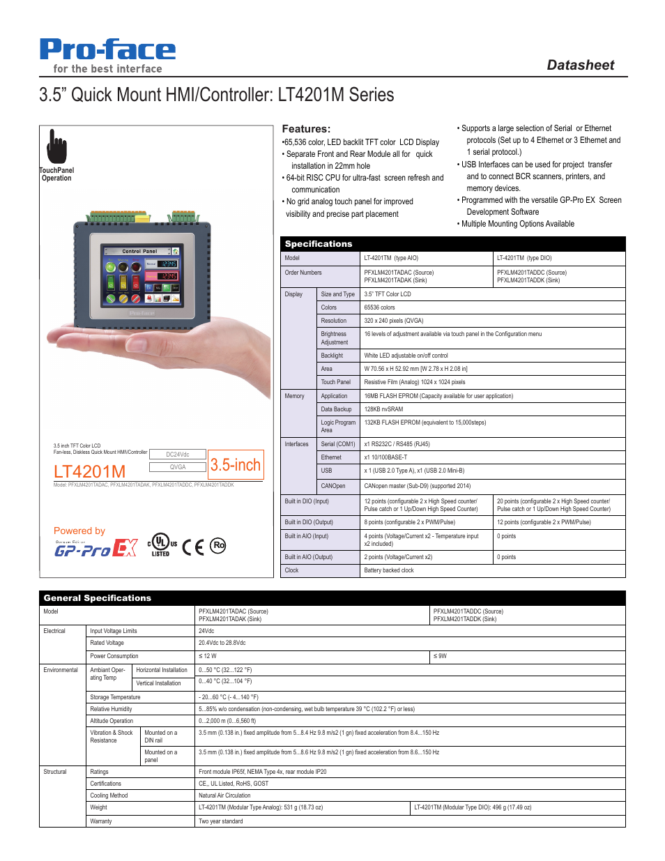 Proface LT4200M - 3.5 Modular HMI + Control" User Manual | 2 pages