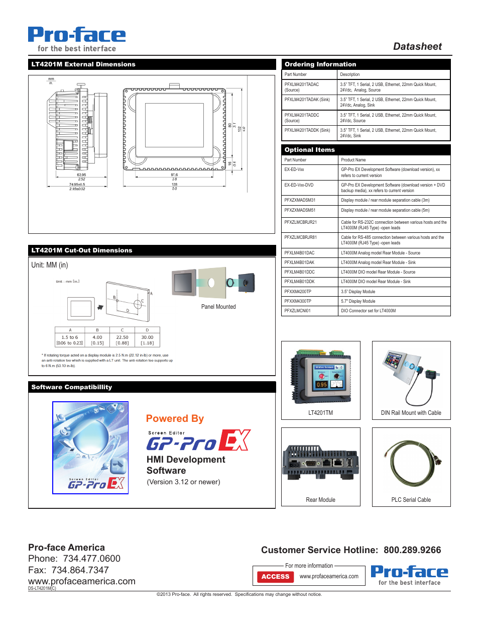 Datasheet, Powered by, Hmi development software | Unit: mm (in) | Proface LT4200M - 3.5 Modular HMI + Control" User Manual | Page 2 / 2