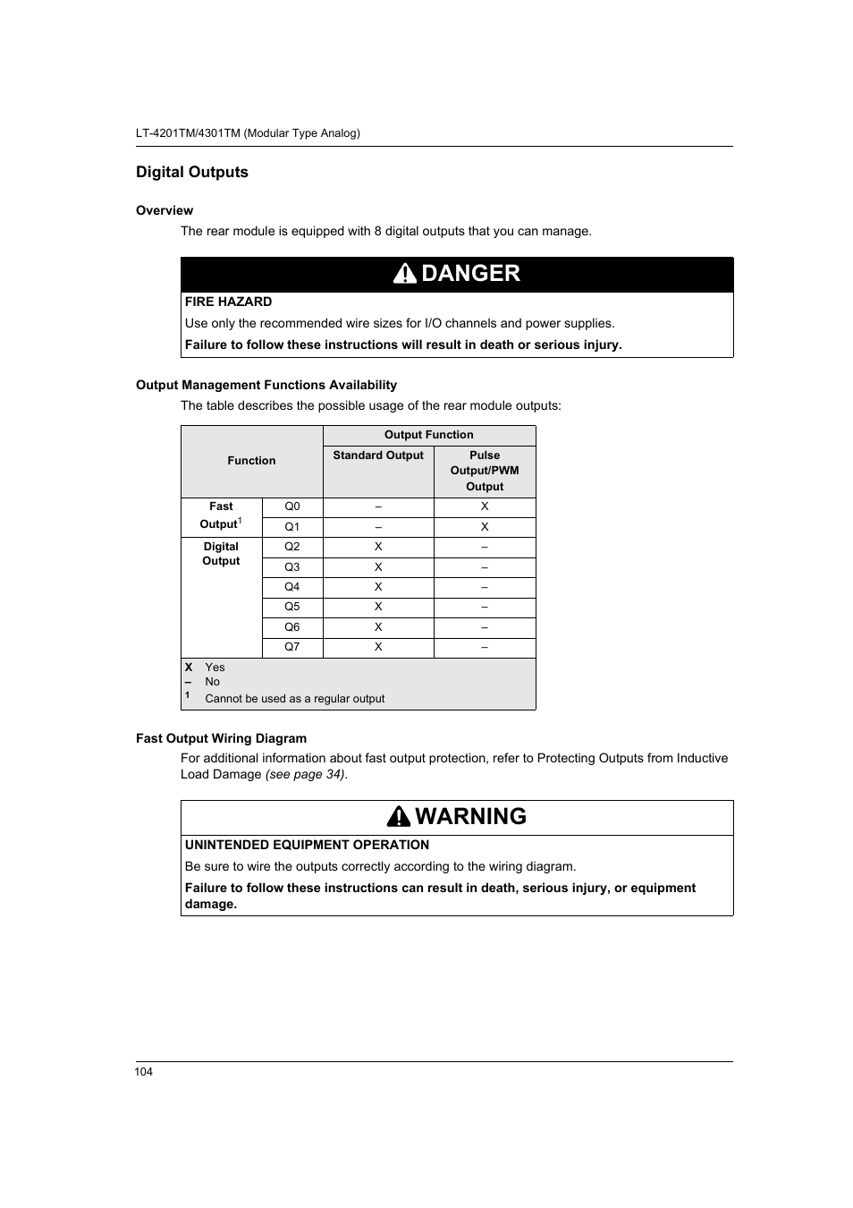 Digital outputs, Danger, Warning | Proface LT4300M - 5.7 Modular HMI + Control" User Manual | Page 104 / 146