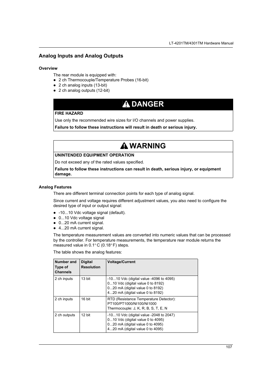 Analog inputs and analog outputs, Danger, Warning | Proface LT4300M - 5.7 Modular HMI + Control" User Manual | Page 107 / 146