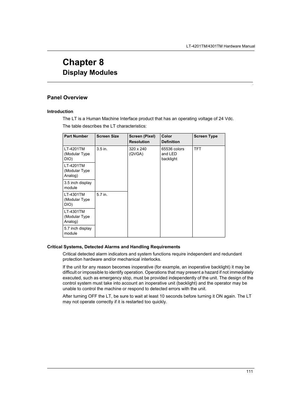 Display modules, Panel overview, Chapter 8 | Proface LT4300M - 5.7 Modular HMI + Control" User Manual | Page 111 / 146