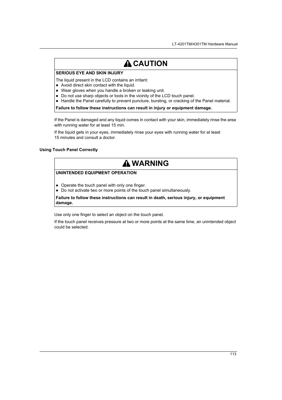 Caution, Warning | Proface LT4300M - 5.7 Modular HMI + Control" User Manual | Page 113 / 146
