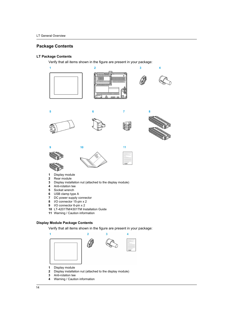 Package contents | Proface LT4300M - 5.7 Modular HMI + Control" User Manual | Page 14 / 146