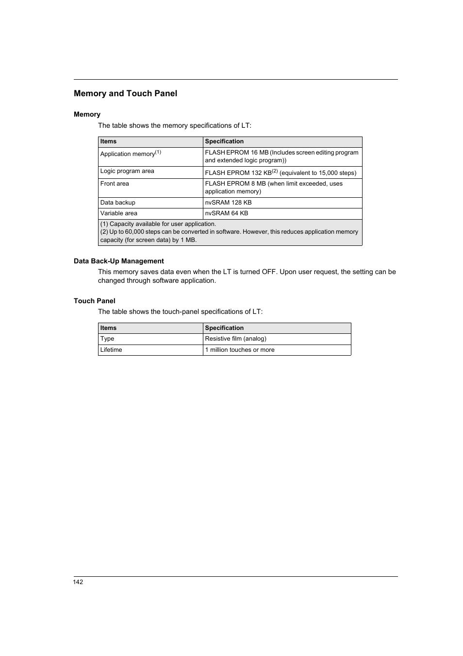 Memory and touch panel | Proface LT4300M - 5.7 Modular HMI + Control" User Manual | Page 142 / 146