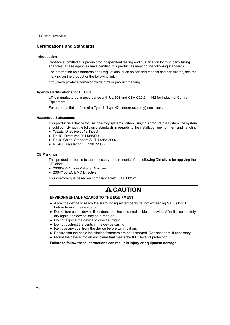 Certifications and standards, Caution | Proface LT4300M - 5.7 Modular HMI + Control" User Manual | Page 20 / 146