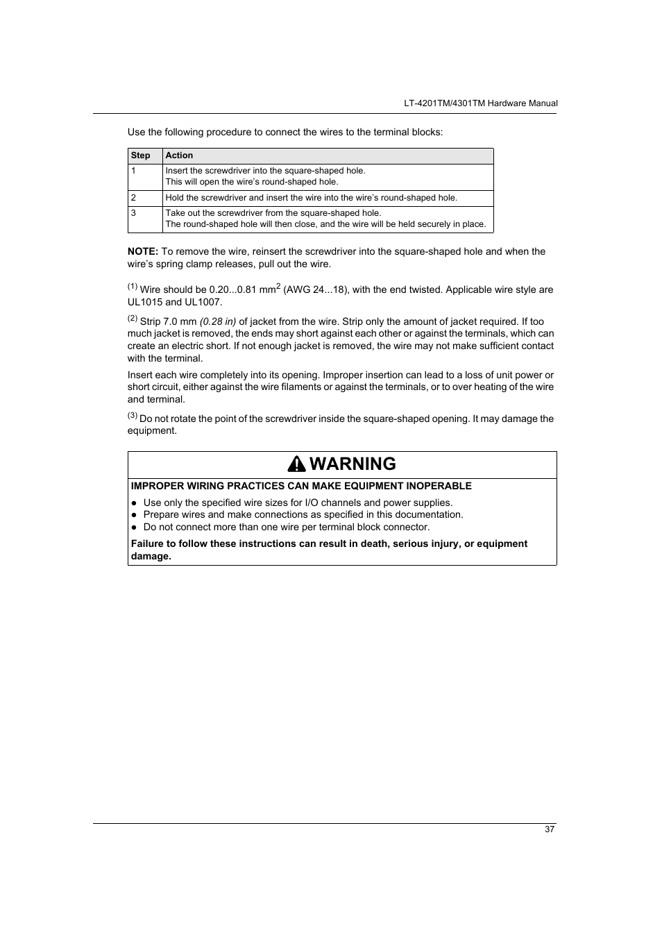 Warning | Proface LT4300M - 5.7 Modular HMI + Control" User Manual | Page 37 / 146