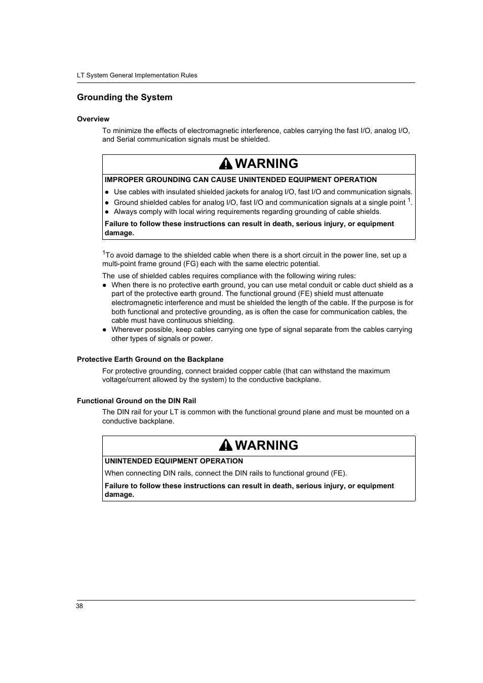 Grounding the system, Warning | Proface LT4300M - 5.7 Modular HMI + Control" User Manual | Page 38 / 146