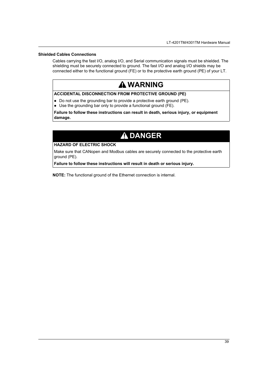 Warning, Danger | Proface LT4300M - 5.7 Modular HMI + Control" User Manual | Page 39 / 146