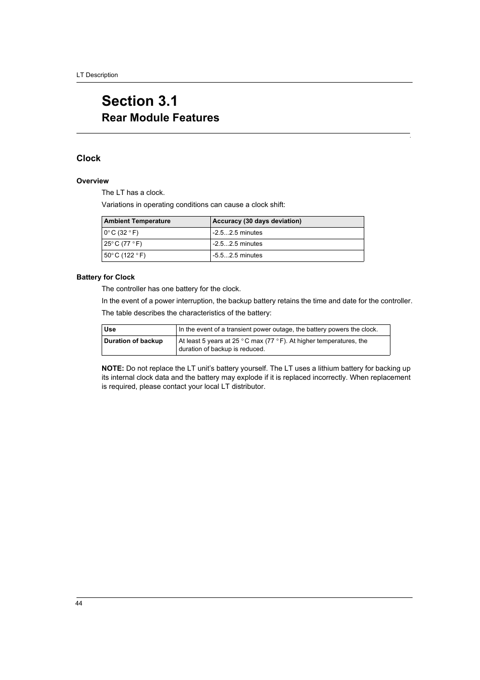 Rear module features, Clock | Proface LT4300M - 5.7 Modular HMI + Control" User Manual | Page 44 / 146