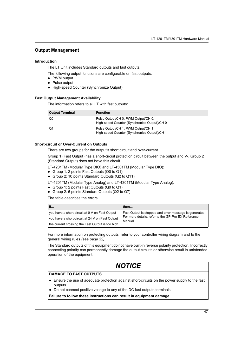 Output management, Notice | Proface LT4300M - 5.7 Modular HMI + Control" User Manual | Page 47 / 146