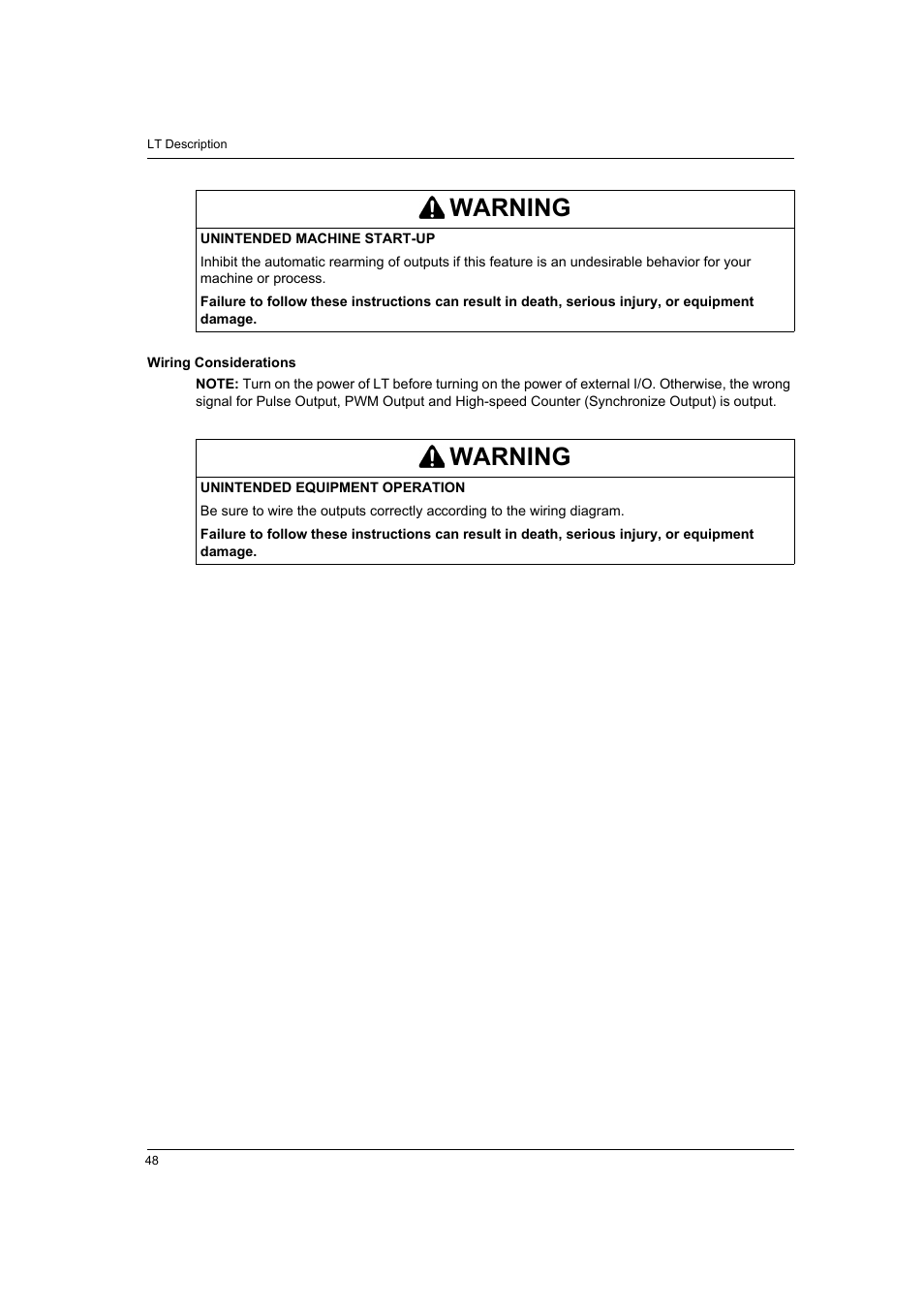Warning | Proface LT4300M - 5.7 Modular HMI + Control" User Manual | Page 48 / 146