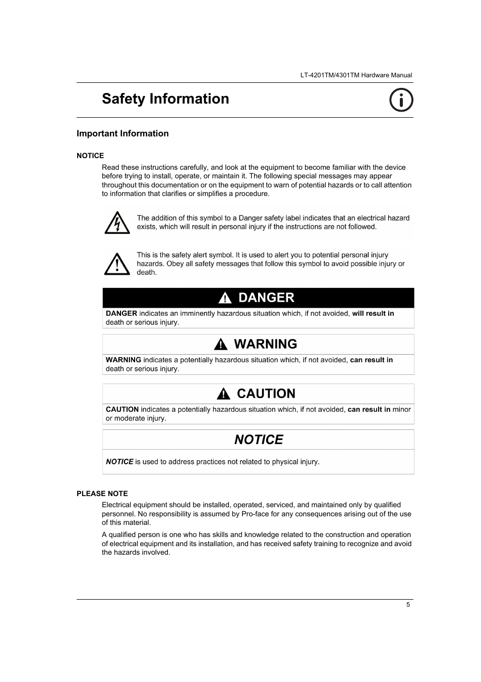 Safety information | Proface LT4300M - 5.7 Modular HMI + Control" User Manual | Page 5 / 146