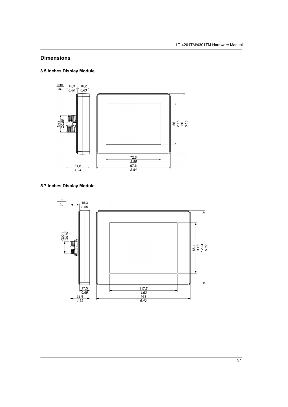 Dimensions | Proface LT4300M - 5.7 Modular HMI + Control" User Manual | Page 57 / 146