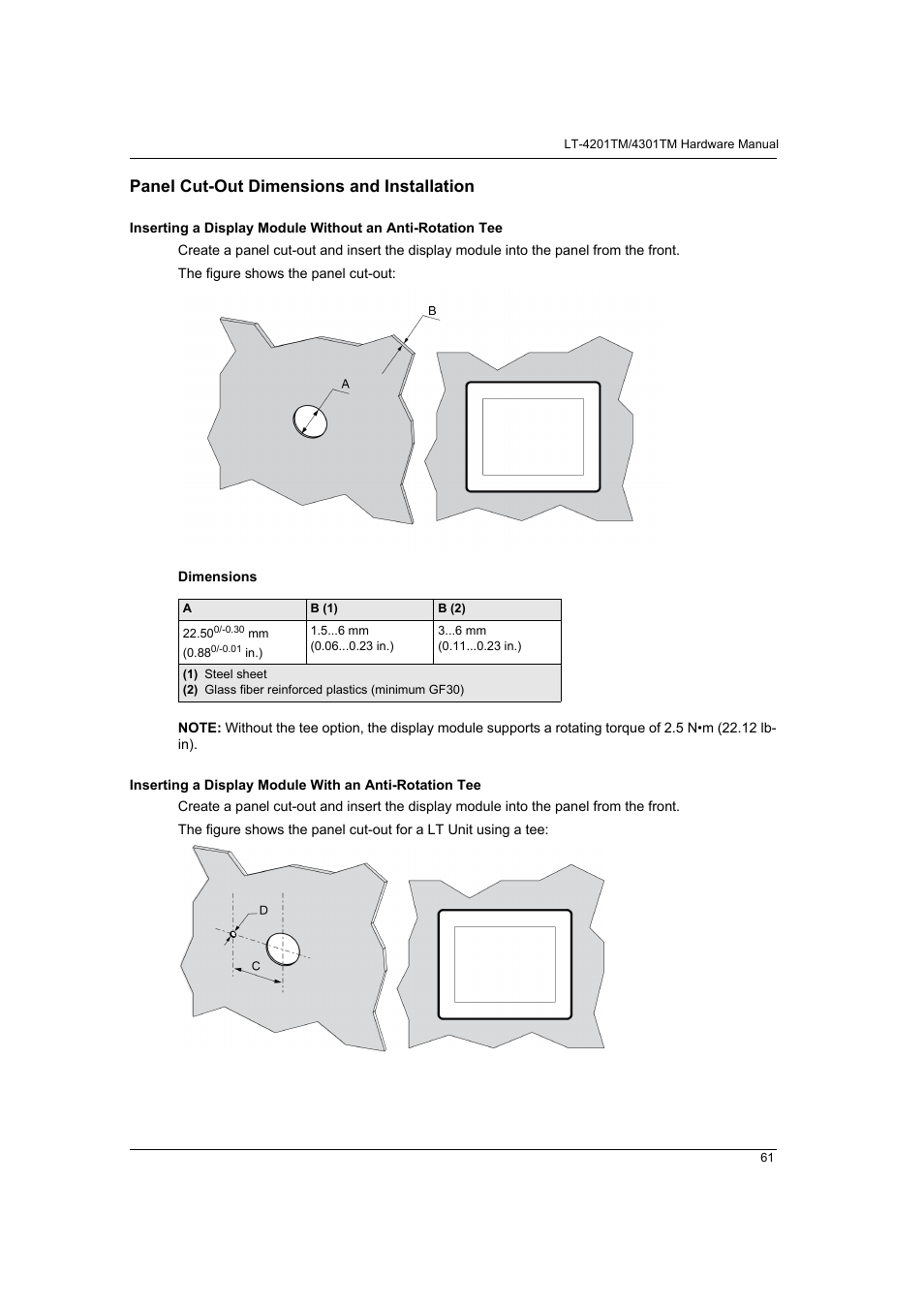 Panel cut-out dimensions and installation | Proface LT4300M - 5.7 Modular HMI + Control" User Manual | Page 61 / 146