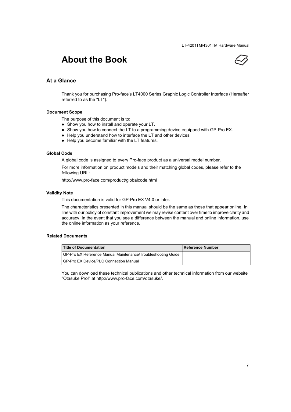 About the book, At a glance | Proface LT4300M - 5.7 Modular HMI + Control" User Manual | Page 7 / 146