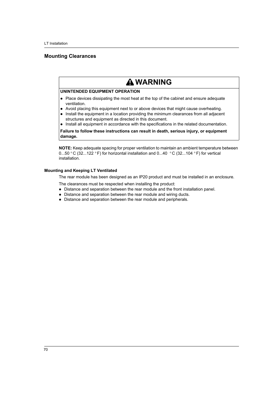 Mounting clearances, Warning | Proface LT4300M - 5.7 Modular HMI + Control" User Manual | Page 70 / 146