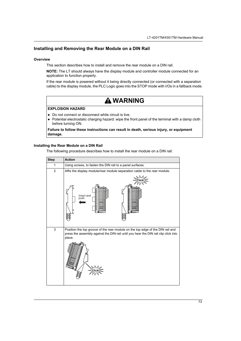 Warning | Proface LT4300M - 5.7 Modular HMI + Control" User Manual | Page 73 / 146