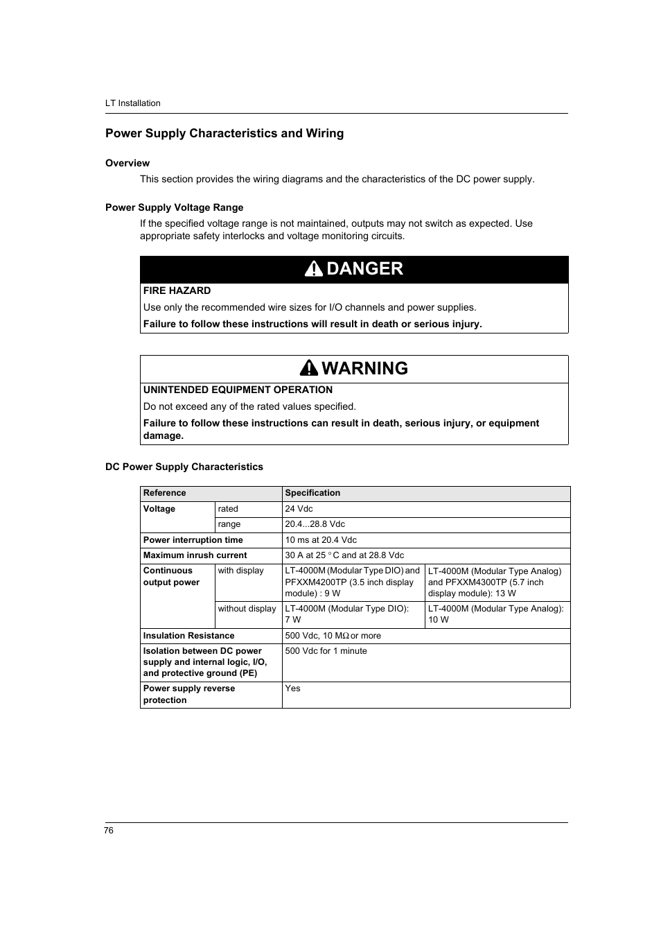 Power supply characteristics and wiring, Danger, Warning | Proface LT4300M - 5.7 Modular HMI + Control" User Manual | Page 76 / 146