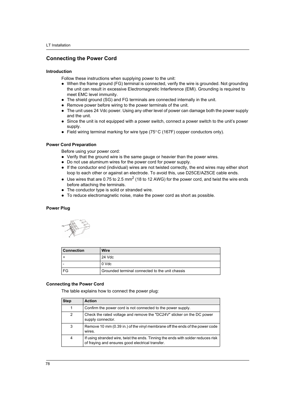 Connecting the power cord | Proface LT4300M - 5.7 Modular HMI + Control" User Manual | Page 78 / 146