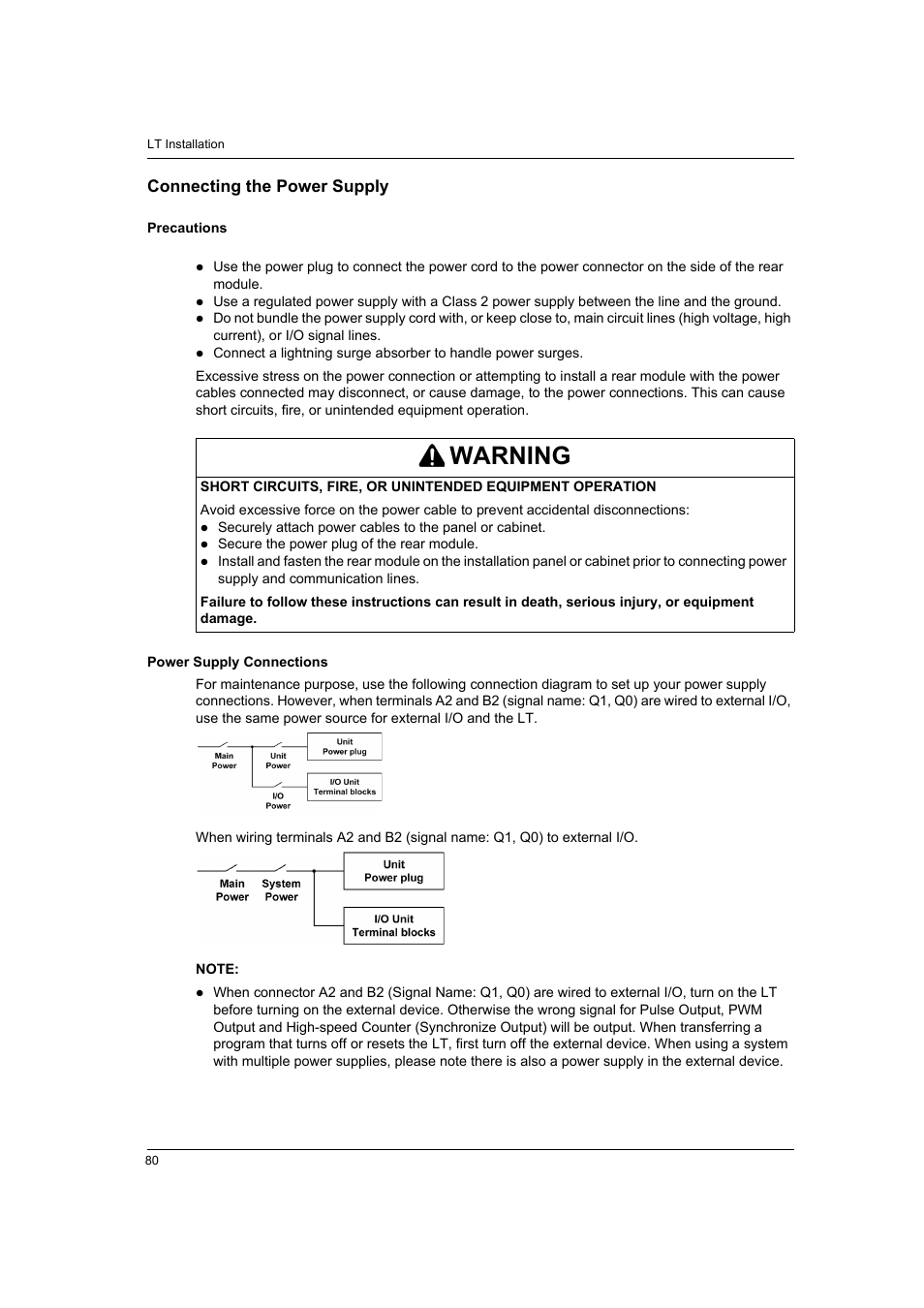 Connecting the power supply, Warning | Proface LT4300M - 5.7 Modular HMI + Control" User Manual | Page 80 / 146