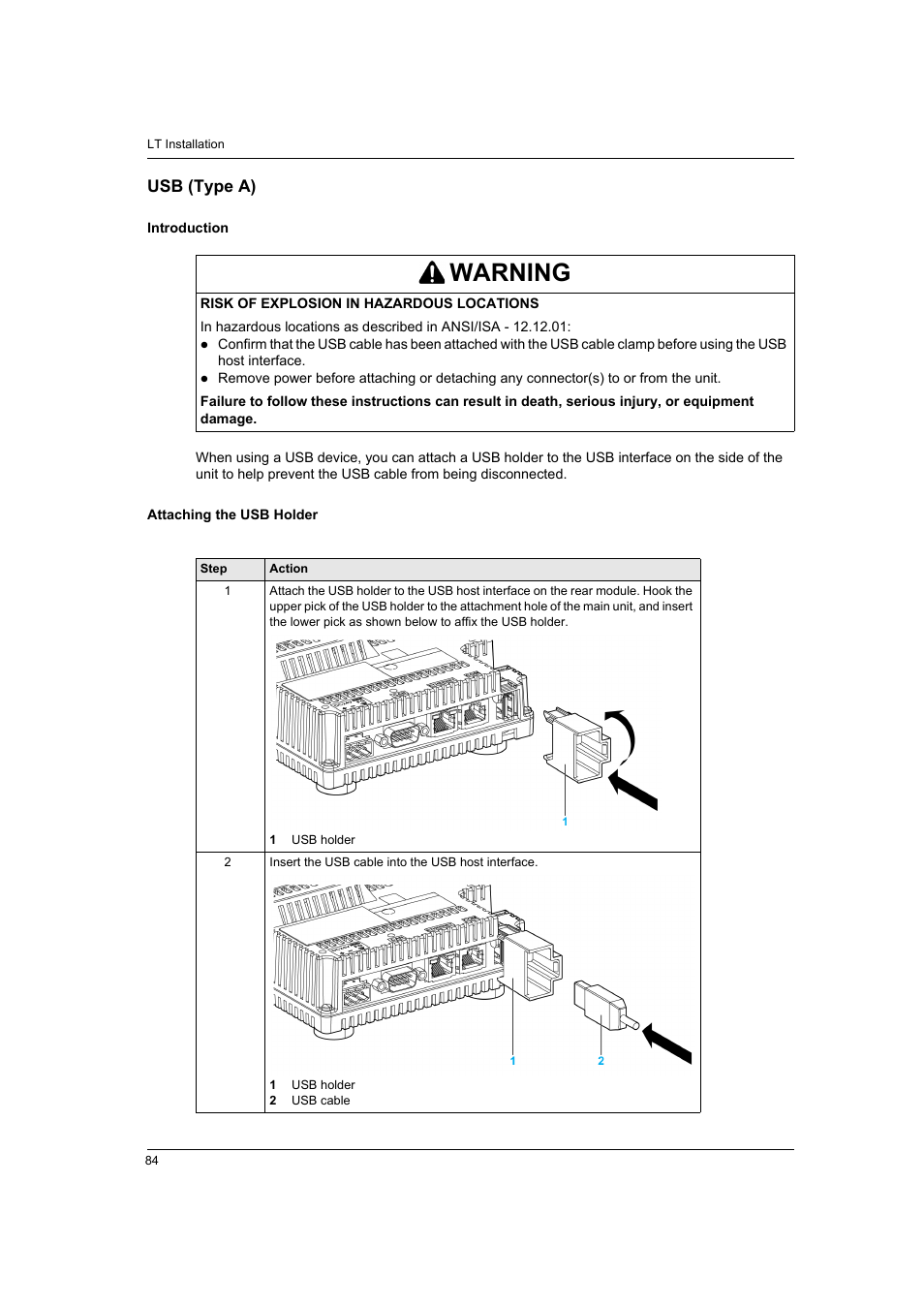 Usb (type a), Warning | Proface LT4300M - 5.7 Modular HMI + Control" User Manual | Page 84 / 146
