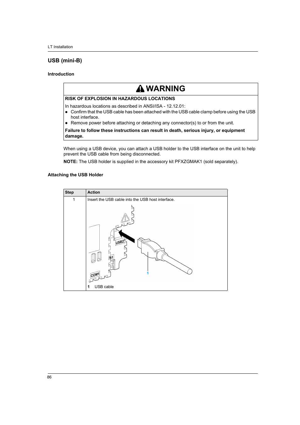 Usb (mini-b), Warning | Proface LT4300M - 5.7 Modular HMI + Control" User Manual | Page 86 / 146