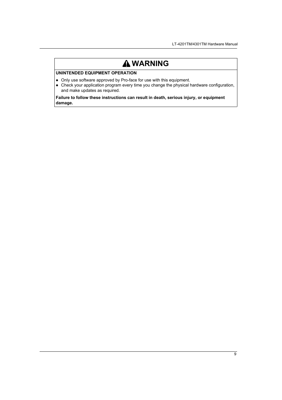 Warning | Proface LT4300M - 5.7 Modular HMI + Control" User Manual | Page 9 / 146