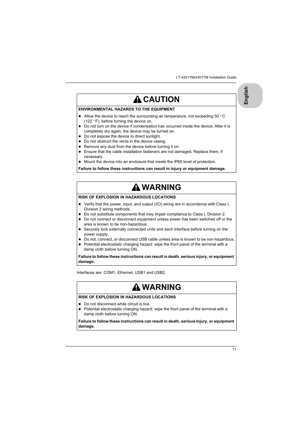 Caution, Warning | Proface LT4300M - 5.7 Modular HMI + Control" User Manual | Page 11 / 47