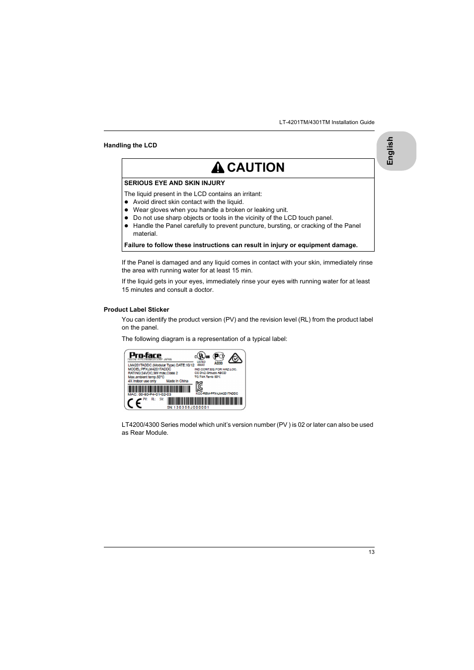 Caution | Proface LT4300M - 5.7 Modular HMI + Control" User Manual | Page 13 / 47