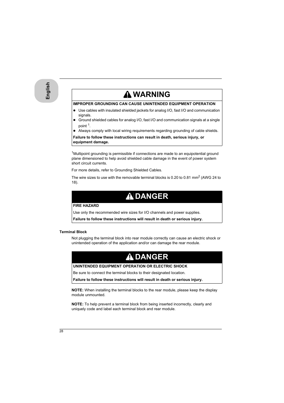 Warning, Danger | Proface LT4300M - 5.7 Modular HMI + Control" User Manual | Page 28 / 47