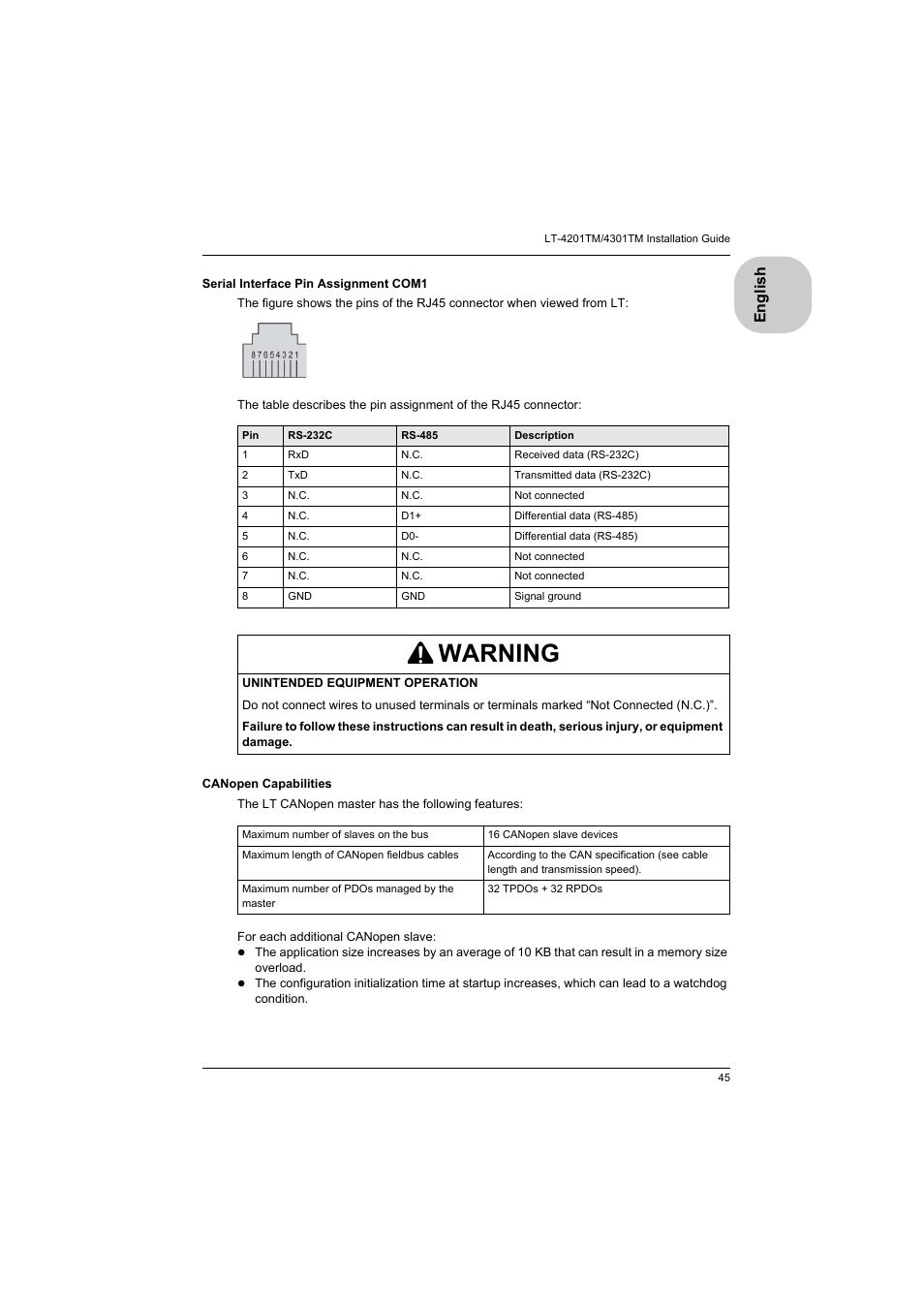 Warning, English | Proface LT4300M - 5.7 Modular HMI + Control" User Manual | Page 45 / 47