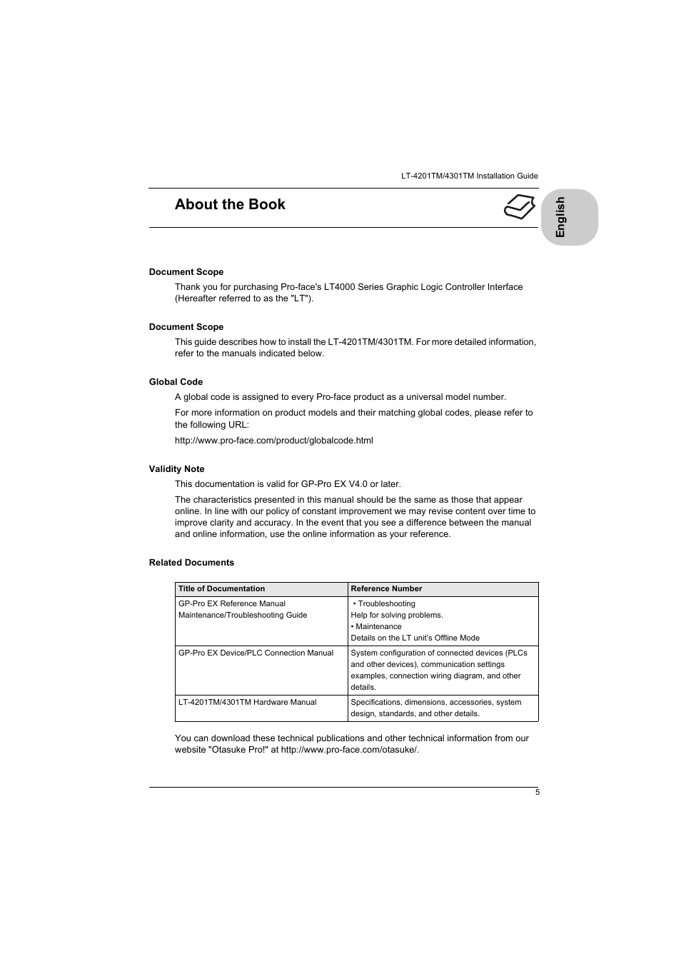 About the book | Proface LT4300M - 5.7 Modular HMI + Control" User Manual | Page 5 / 47