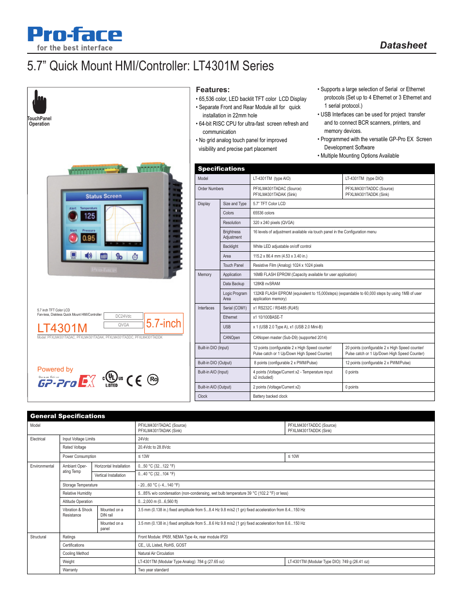 Proface LT4300M - 5.7 Modular HMI + Control" User Manual | 2 pages