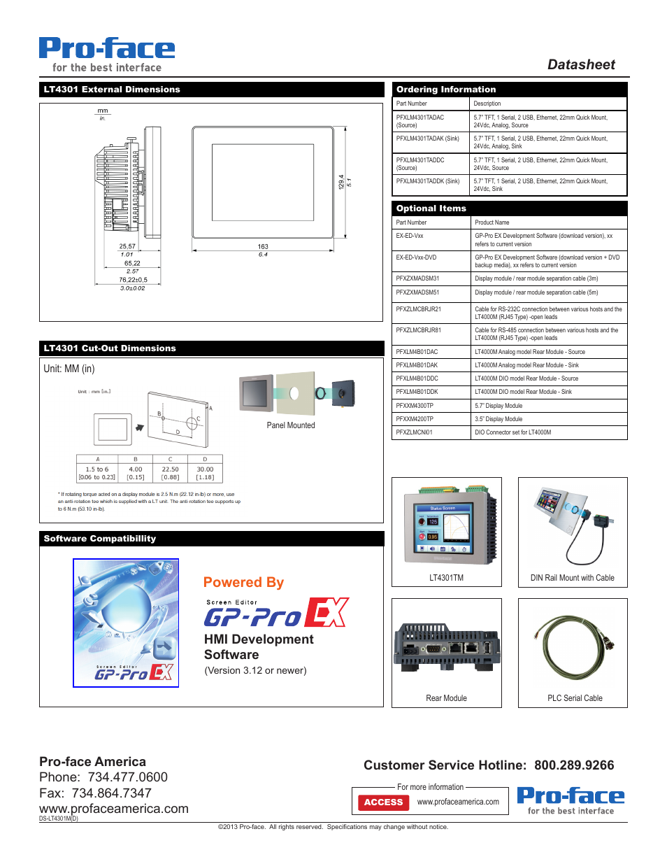 Datasheet, Powered by, Hmi development software | Unit: mm (in) | Proface LT4300M - 5.7 Modular HMI + Control" User Manual | Page 2 / 2