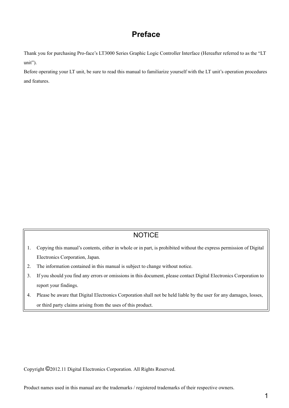 Preface, Notice | Proface LT3300 - 5.7 All-in-One HMI" User Manual | Page 2 / 93